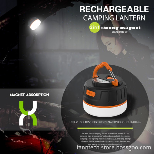 Portable LED Camping Lantern with 5200mah Power Bank & Magnet for Hiking & Illumination & Phone Charging